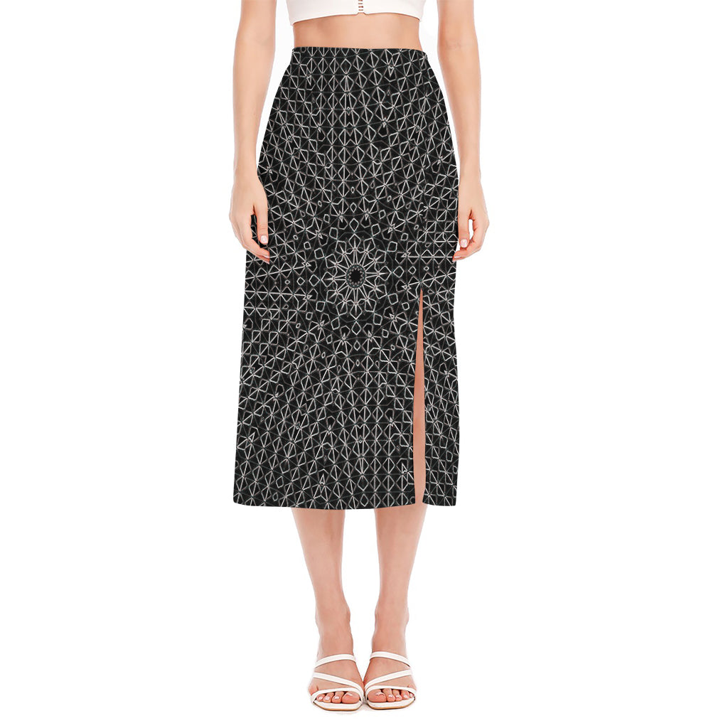Black And White Kaleidoscope Print Side Slit Midi Skirt
