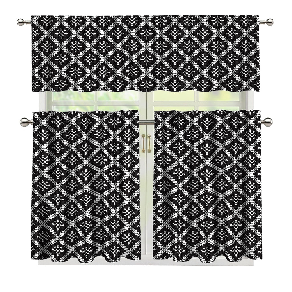 Black And White Knitted Pattern Print 3 Piece Kitchen Curtains