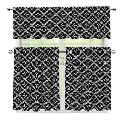 Black And White Knitted Pattern Print 3 Piece Kitchen Curtains