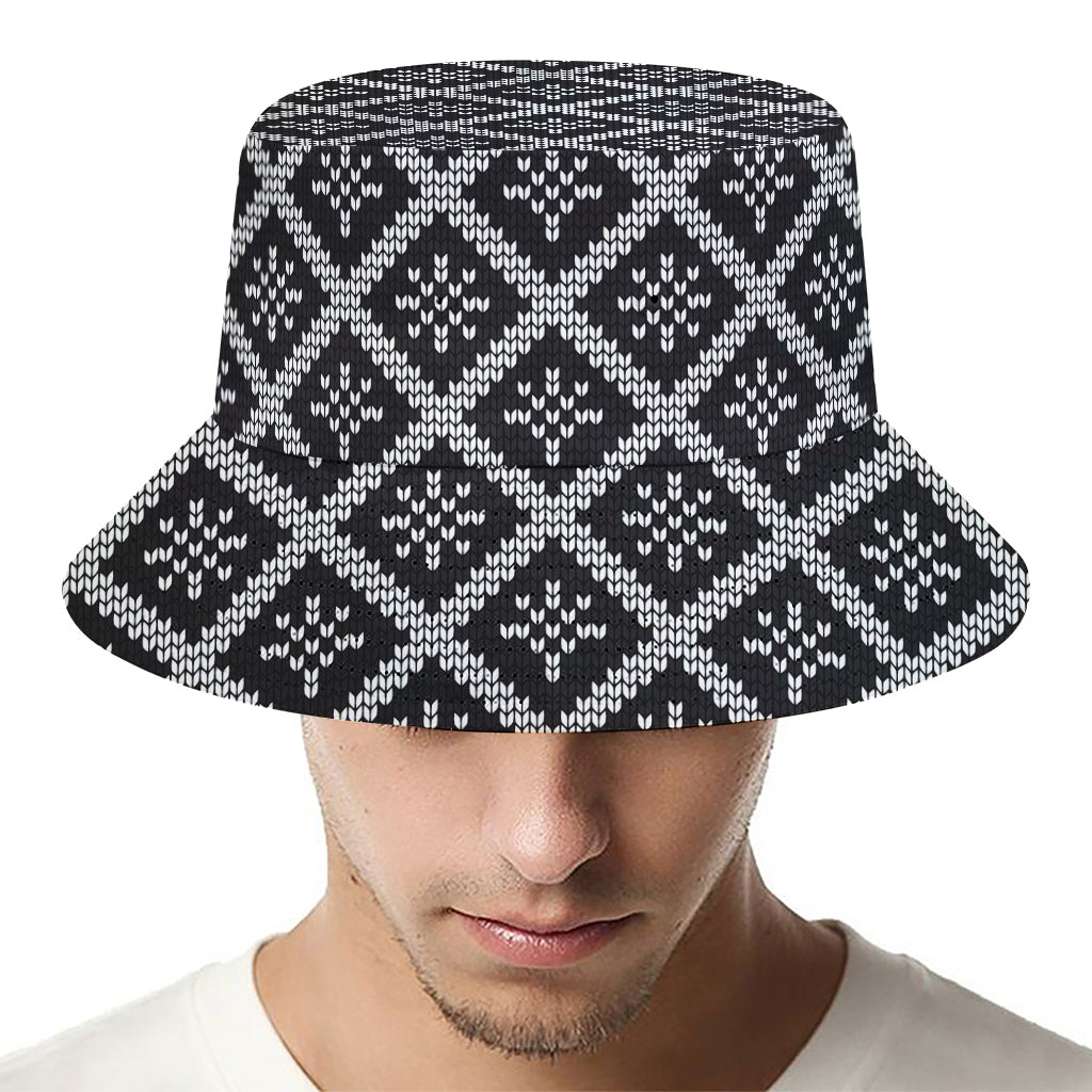 Black And White Knitted Pattern Print Bucket Hat