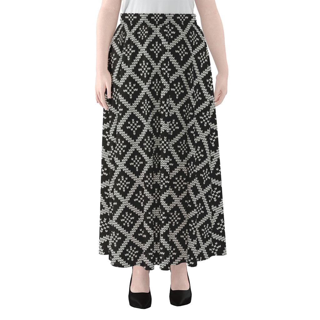 Black And White Knitted Pattern Print Chiffon Maxi Skirt