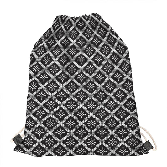 Black And White Knitted Pattern Print Drawstring Bag