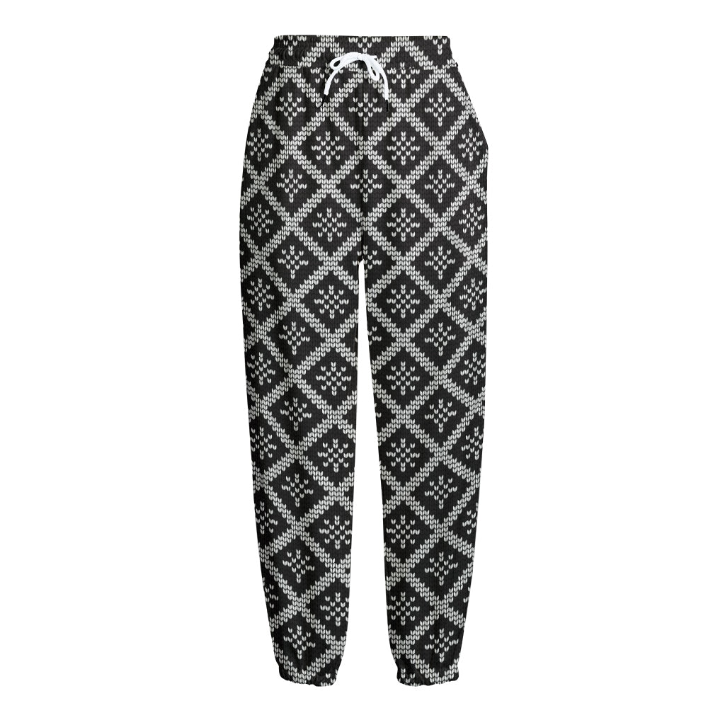 Black And White Knitted Pattern Print Fleece Lined Knit Pants