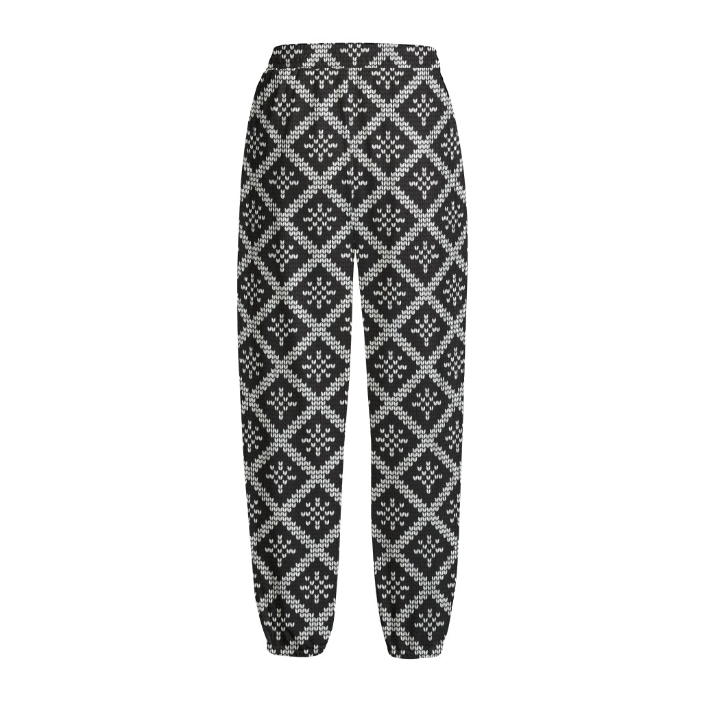 Black And White Knitted Pattern Print Fleece Lined Knit Pants