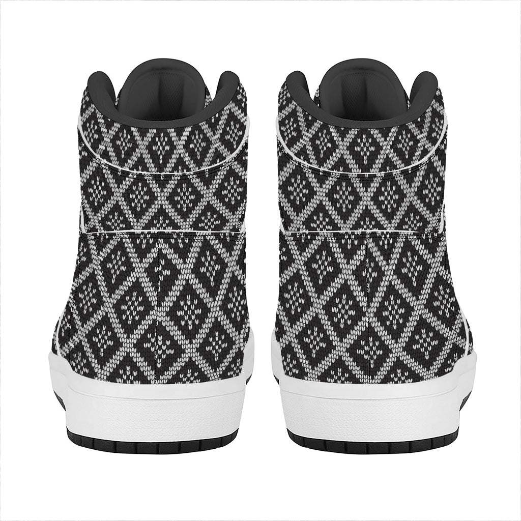 Black And White Knitted Pattern Print High Top Leather Sneakers