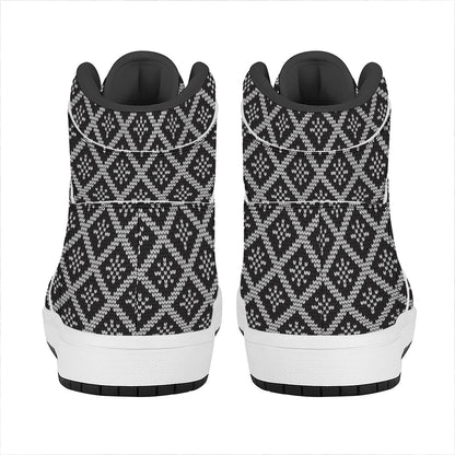 Black And White Knitted Pattern Print High Top Leather Sneakers