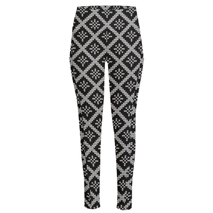 Black And White Knitted Pattern Print High-Waisted Pocket Leggings