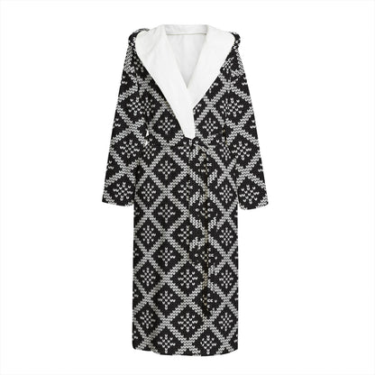 Black And White Knitted Pattern Print Hooded Bathrobe
