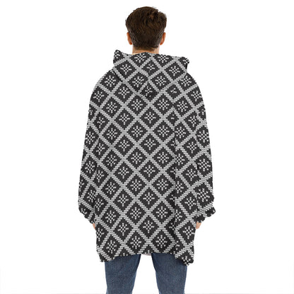 Black And White Knitted Pattern Print Hoodie Blanket