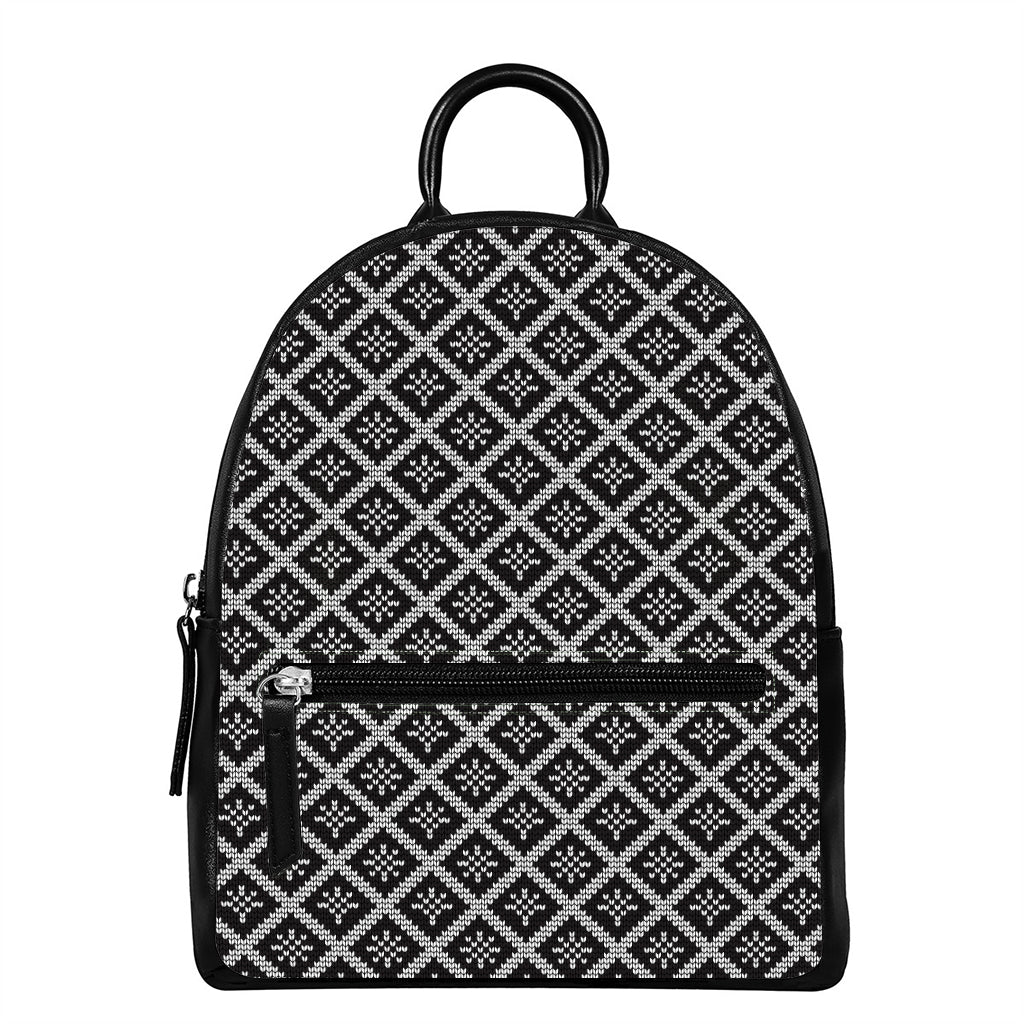 Black And White Knitted Pattern Print Leather Backpack