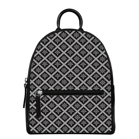 Black And White Knitted Pattern Print Leather Backpack