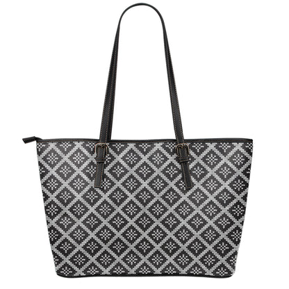 Black And White Knitted Pattern Print Leather Tote Bag
