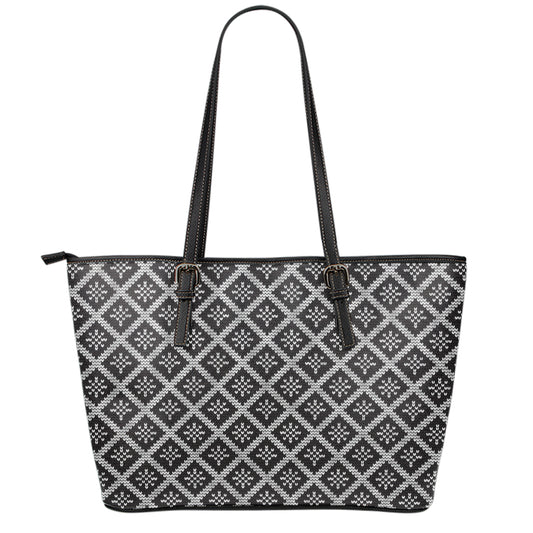 Black And White Knitted Pattern Print Leather Tote Bag