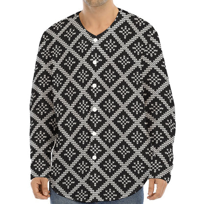 Black And White Knitted Pattern Print Long Sleeve Baseball Jersey