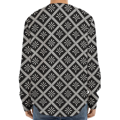 Black And White Knitted Pattern Print Long Sleeve Baseball Jersey