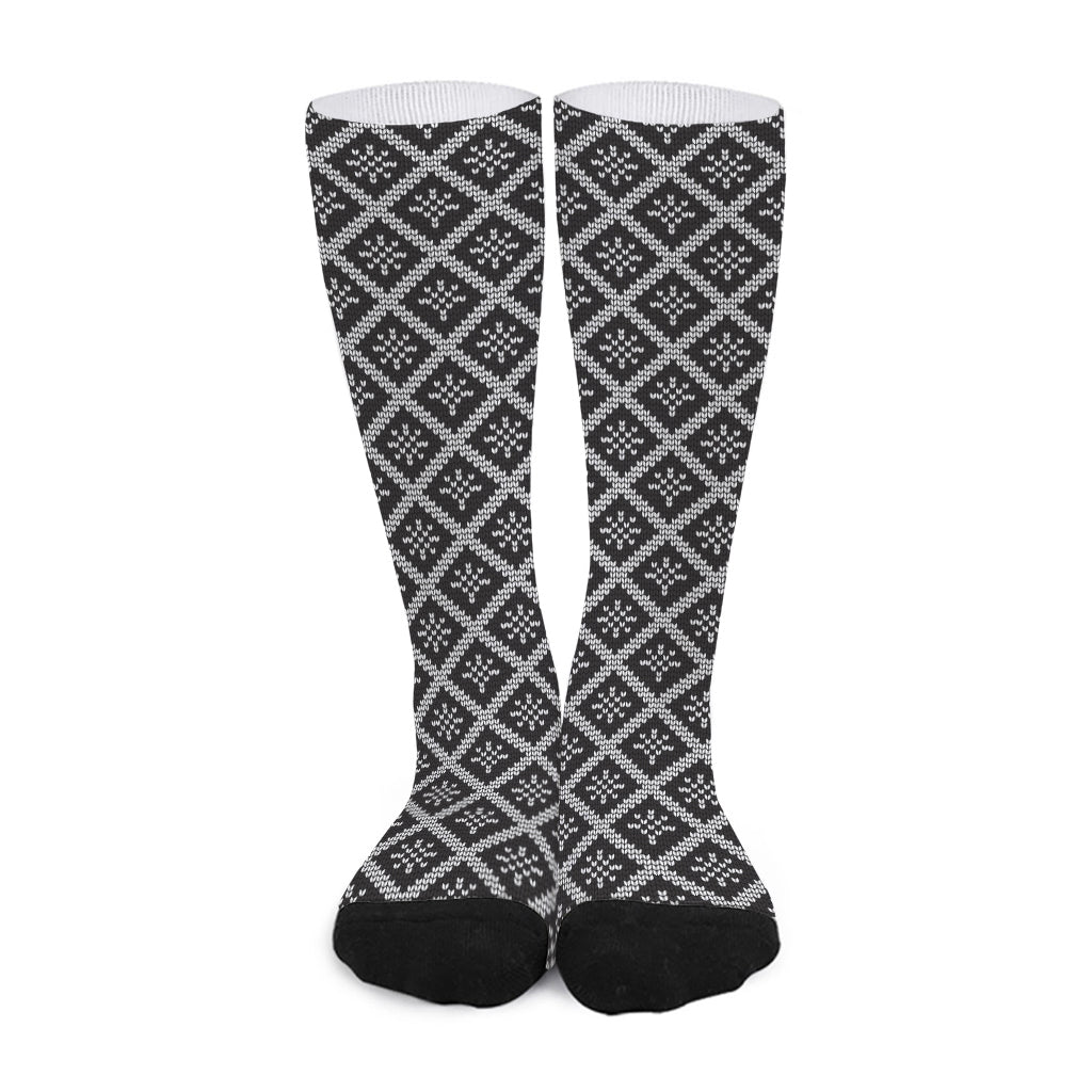 Black And White Knitted Pattern Print Long Socks