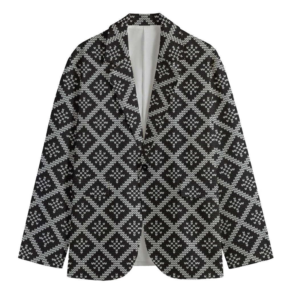 Black And White Knitted Pattern Print Men's Cotton Blazer