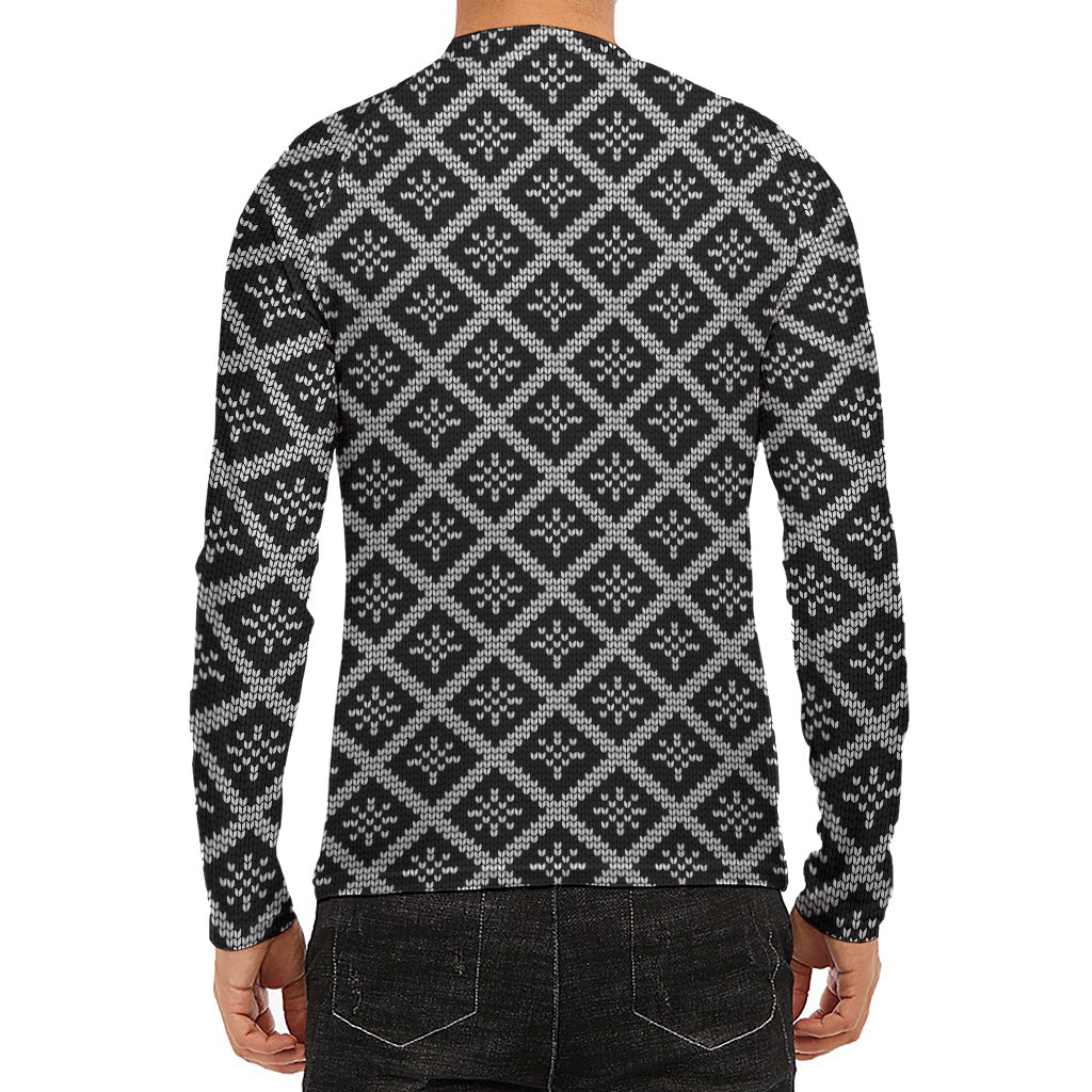Black And White Knitted Pattern Print Men's Long Sleeve Rash Guard