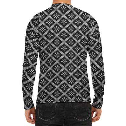 Black And White Knitted Pattern Print Men's Long Sleeve Rash Guard