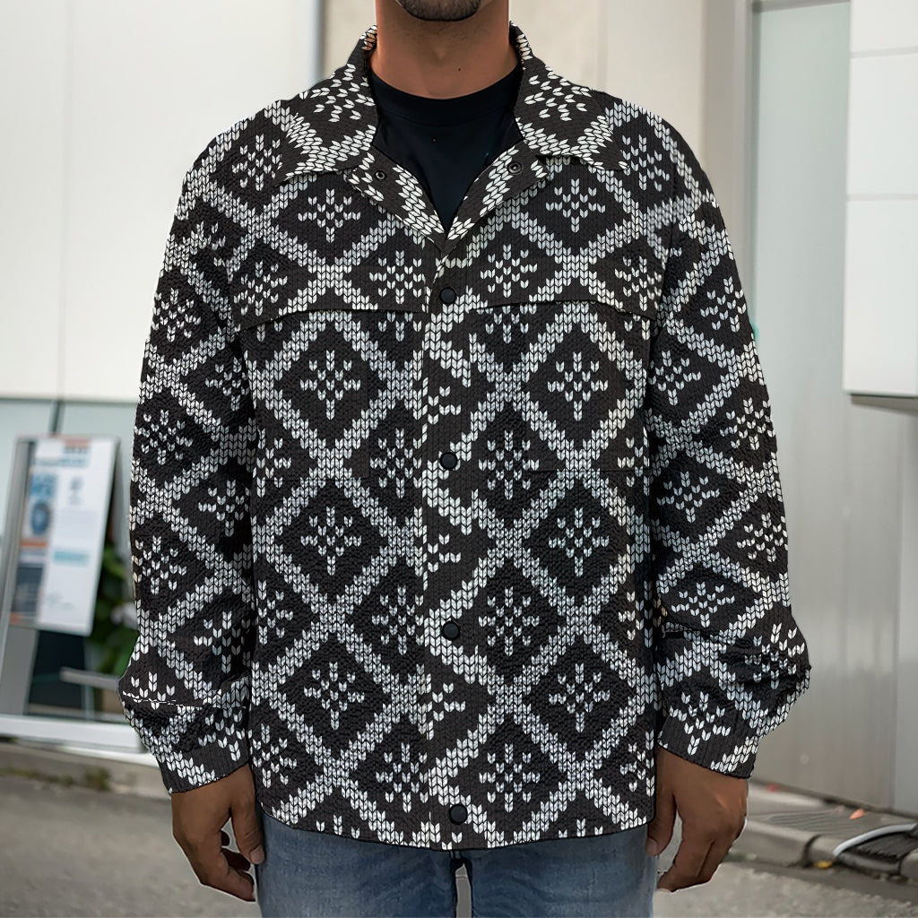 Black And White Knitted Pattern Print Men's Shirt Jacket