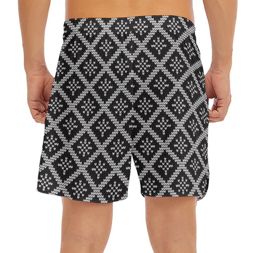 Black And White Knitted Pattern Print Men's Split Running Shorts