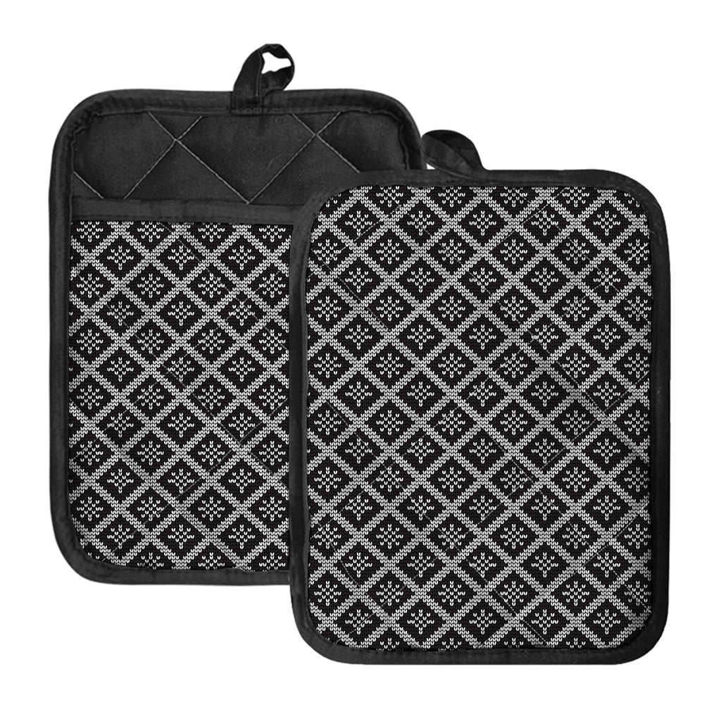 Black And White Knitted Pattern Print Pot Holders With Pocket