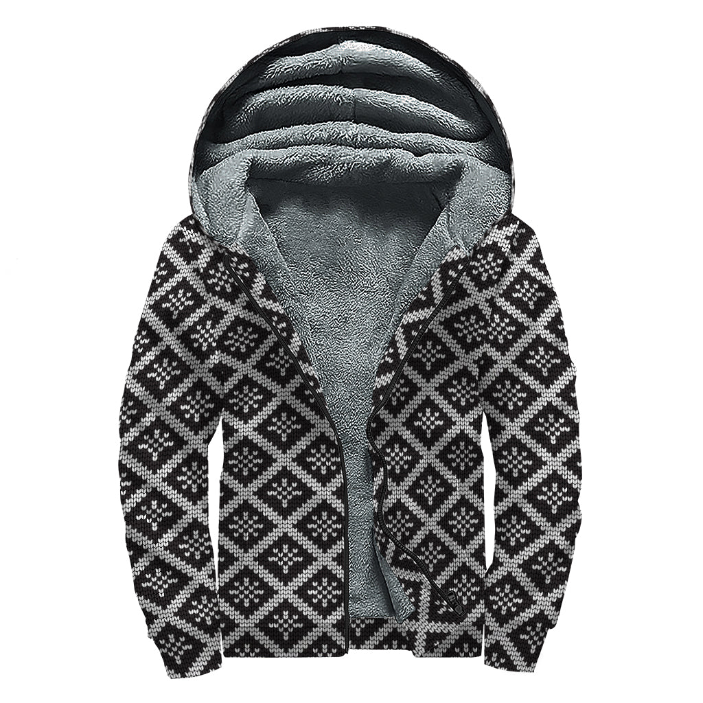 Black And White Knitted Pattern Print Sherpa Lined Zip Up Hoodie
