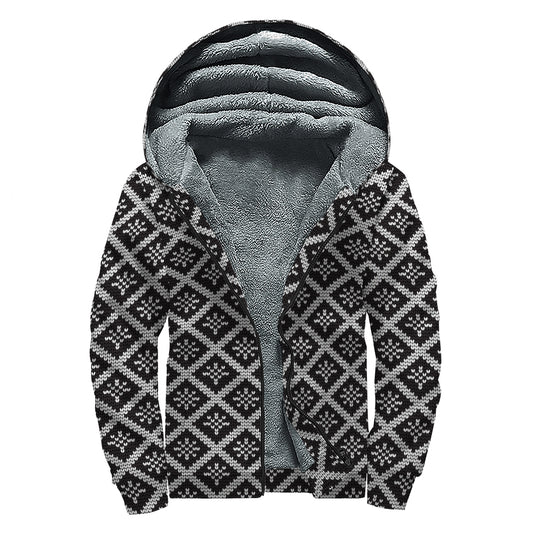 Black And White Knitted Pattern Print Sherpa Lined Zip Up Hoodie
