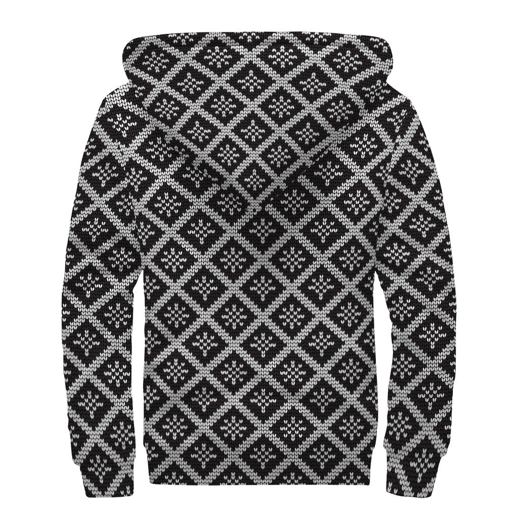 Black And White Knitted Pattern Print Sherpa Lined Zip Up Hoodie