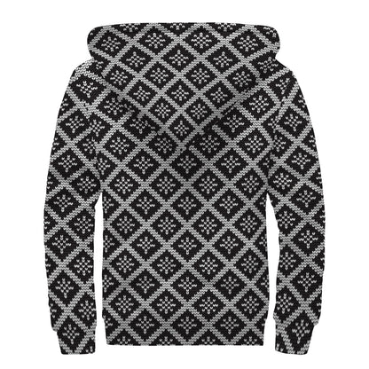 Black And White Knitted Pattern Print Sherpa Lined Zip Up Hoodie