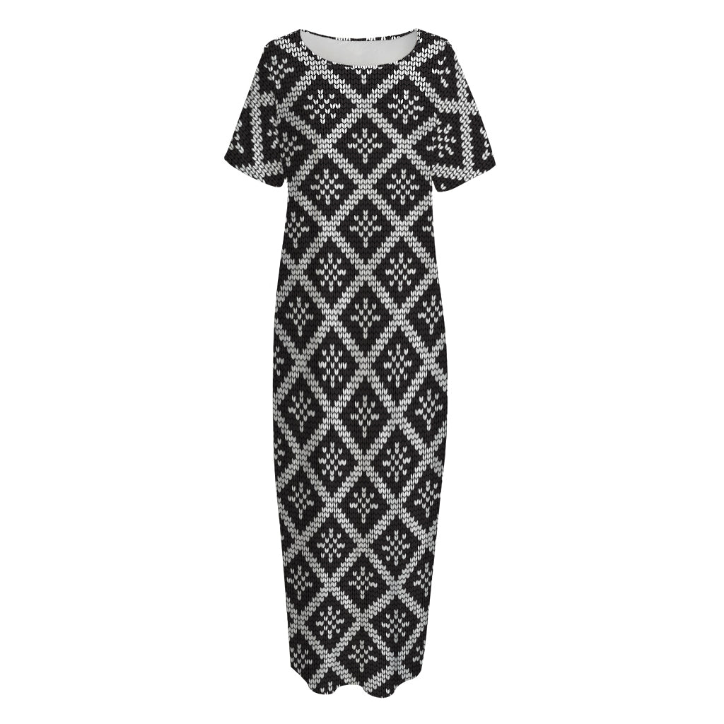 Black And White Knitted Pattern Print Short Sleeve Long Nightdress