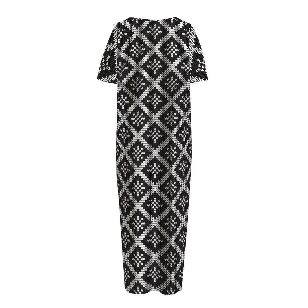 Black And White Knitted Pattern Print Short Sleeve Long Nightdress