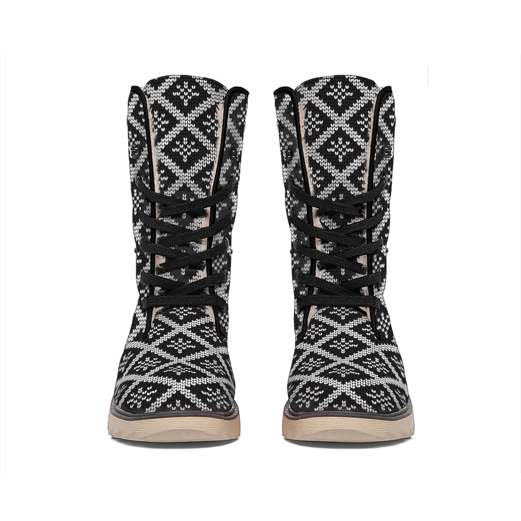 Black And White Knitted Pattern Print Winter Boots
