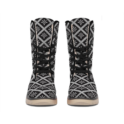 Black And White Knitted Pattern Print Winter Boots