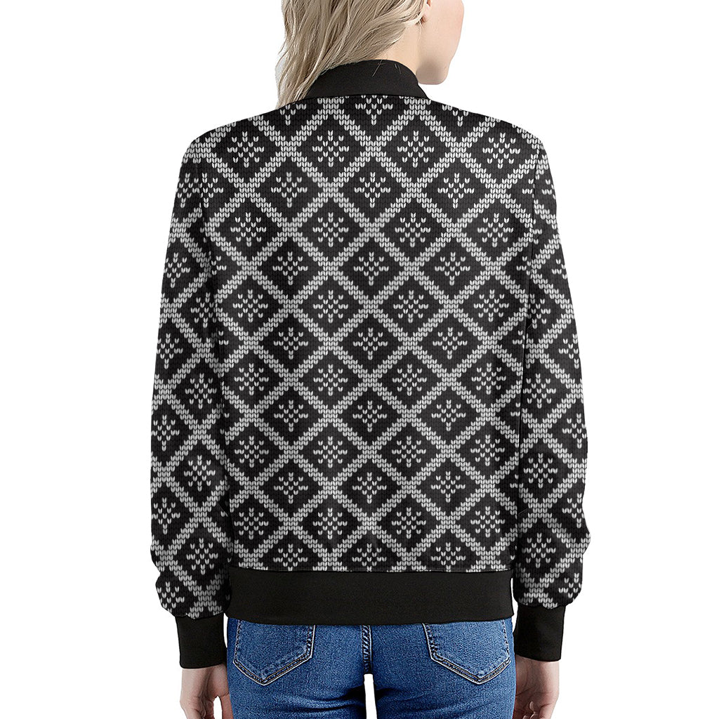 Black And White Knitted Pattern Print Women's Bomber Jacket