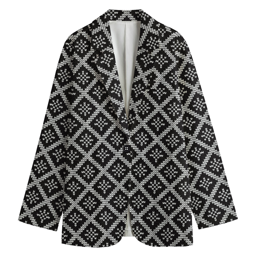 Black And White Knitted Pattern Print Women's Cotton Blazer