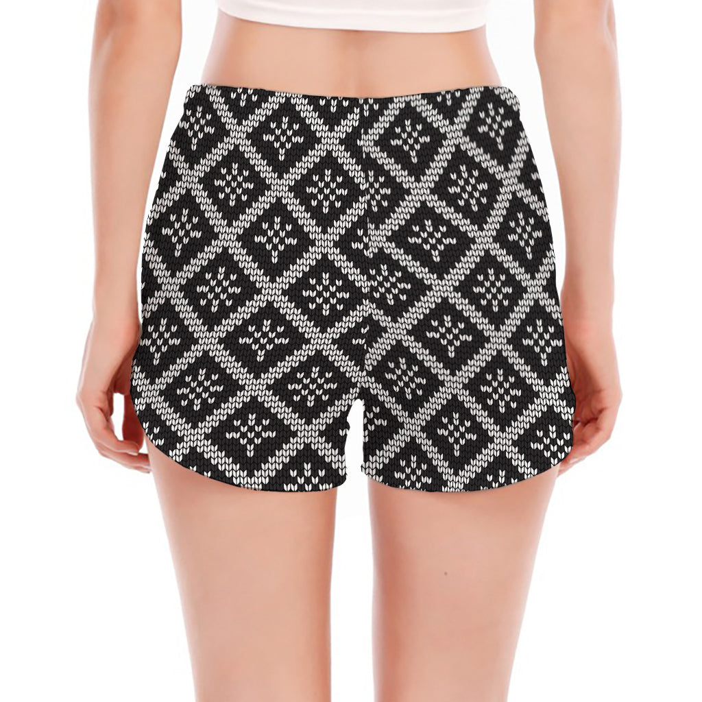 Black And White Knitted Pattern Print Women's Split Running Shorts