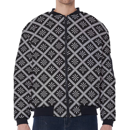 Black And White Knitted Pattern Print Zip Sleeve Bomber Jacket