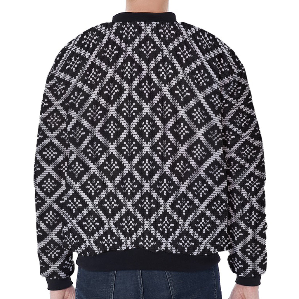 Black And White Knitted Pattern Print Zip Sleeve Bomber Jacket