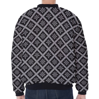 Black And White Knitted Pattern Print Zip Sleeve Bomber Jacket