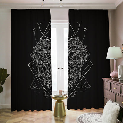 Black And White Leo Sign Print Blackout Pencil Pleat Curtains