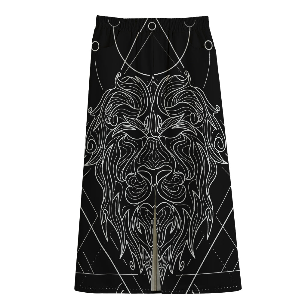 Black And White Leo Sign Print Cotton Front Slit Maxi Skirt
