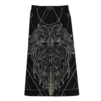 Black And White Leo Sign Print Cotton Front Slit Maxi Skirt