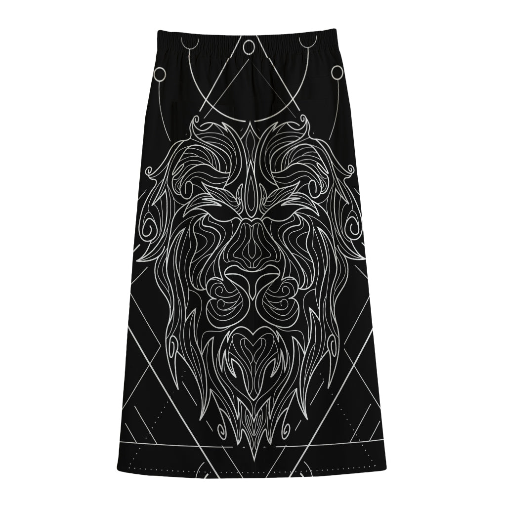 Black And White Leo Sign Print Cotton Front Slit Maxi Skirt