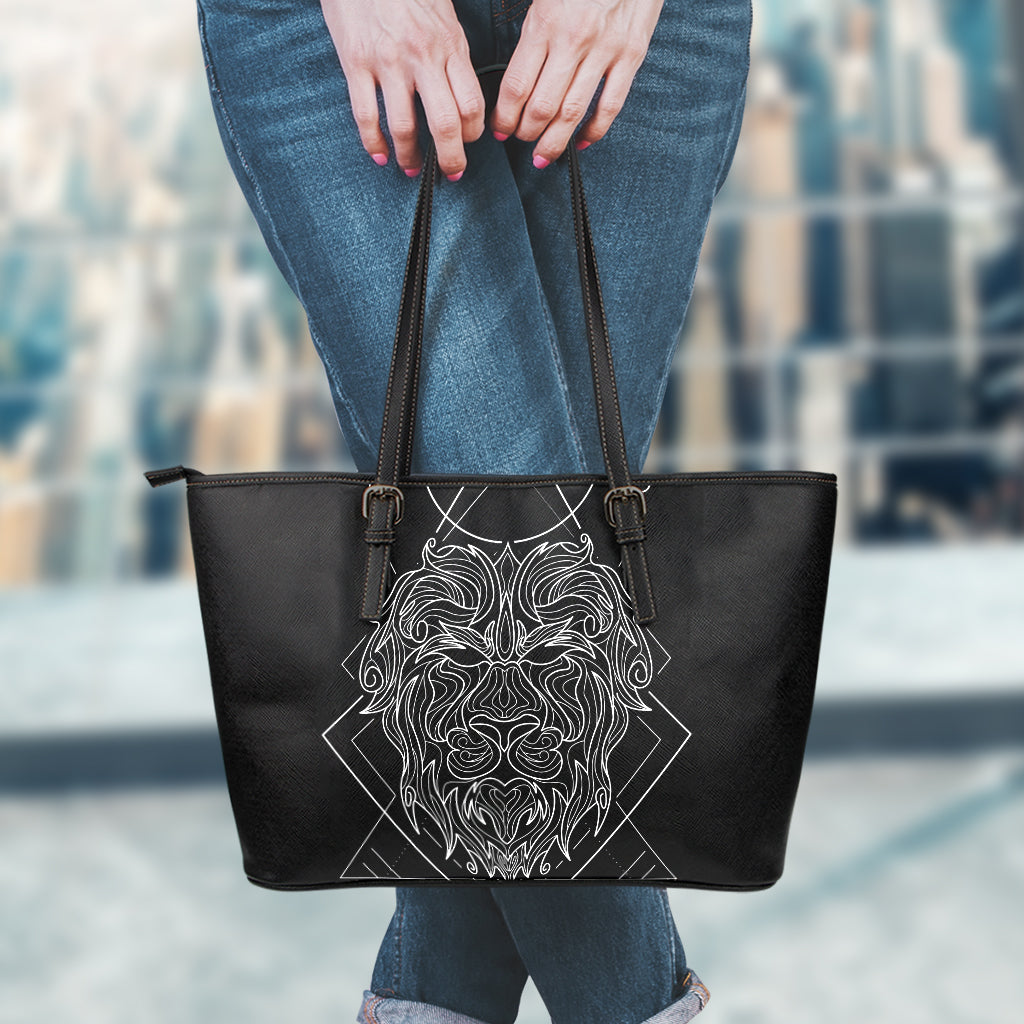 Black And White Leo Sign Print Leather Tote Bag