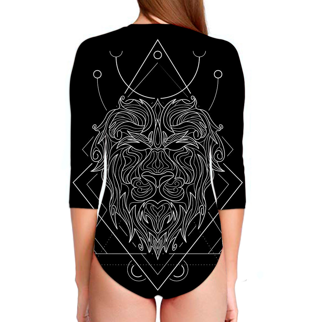 Black And White Leo Sign Print Long Sleeve Swimsuit
