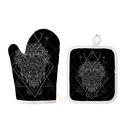 Black And White Leo Sign Print Oven Mitt And Pot Holder Set