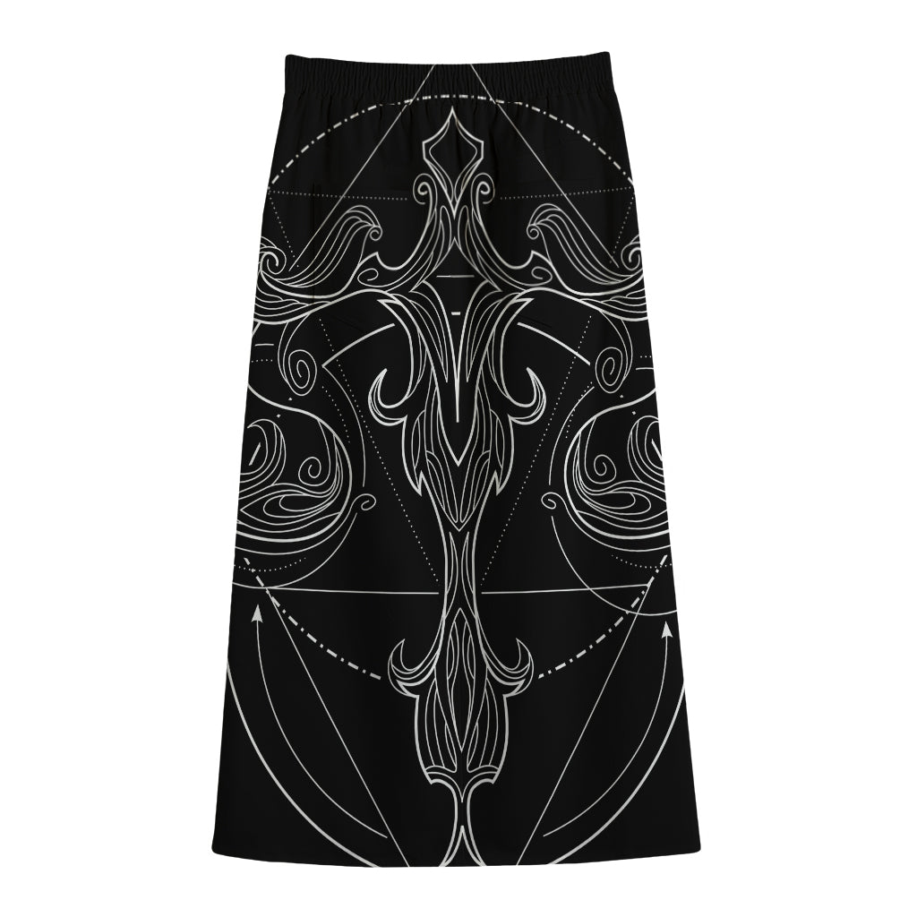 Black And White Libra Sign Print Cotton Front Slit Maxi Skirt