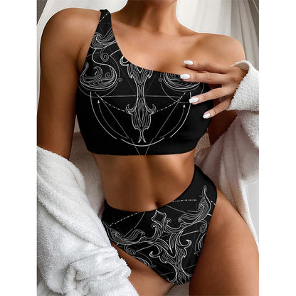Black And White Libra Sign Print One Shoulder Bikini Top