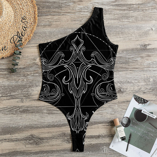Black And White Libra Sign Print One Shoulder Bodysuit
